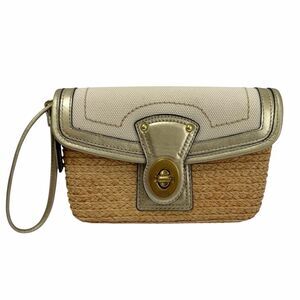 Coach Summertime Straw Raffia Leather Turn Lock Clutch Wristlet